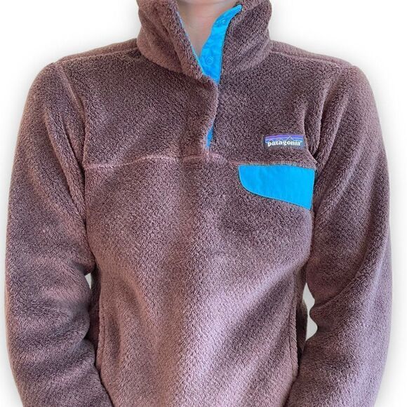Patagonia Womens Brown Fleece Blue Trim Snap Pullover Sweatshirt Sz XS - Picture 7 of 8